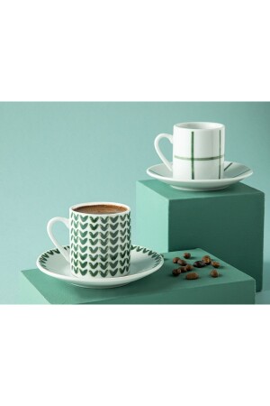 MNZ-Leno Porcelain 4 Piece Coffee Cup Set لـ 2 أشخاص 80 مل خضراء 10035818 - English Home