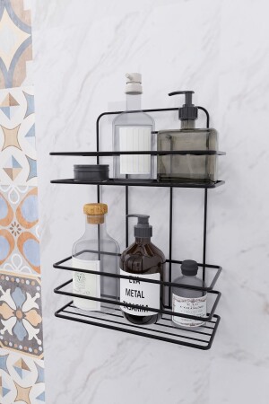 MNZ-Life-Time لا ينفجر الجدار الملصق 2 مستوى حمام مسطح شامبو حامل منظمة الأسود - Eva Metal Tasarim