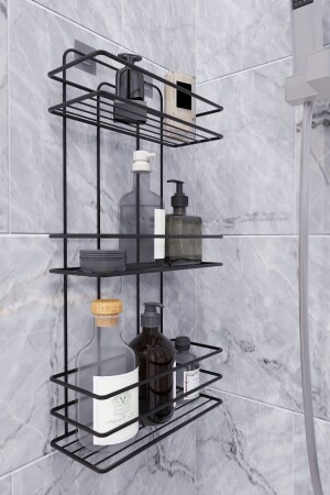 MNZ-Life-Time لا ينفجر لصق مسطح حمام منظمة شامبو حامل حمام رف أسود - Eva Metal Tasarim