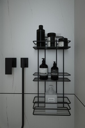 MNZ-Lifetime Stainless Adhesive Black 3 Layer Flat Bathroom Corner Rack ، حامل الشامبو Tş03 ، لا حفرة ALBYPK002 - Alper Banyo