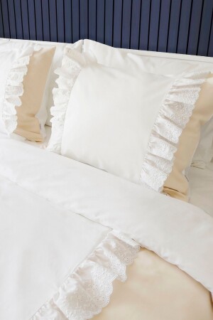 MNZ-Light Beige Off-White Ruffled Cotton Vintage Plain Hotel Series مجموعة غطاء ريفي مزدوج RHN2099x - RİTMOHOME