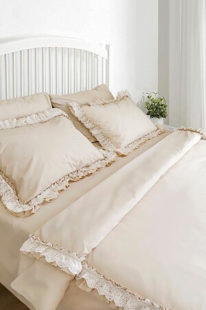 MNZ-Light Beige Ruffled Scalloped Cotton Vintage Retro Hotel Series مجموعة غطاء غطاء مزدوج RHN2078xx - RİTMOHOME