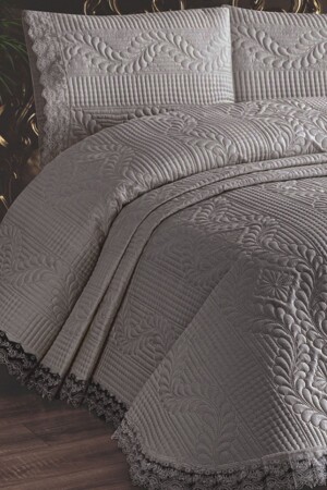 MNZ-Limena Lace Quilted Ultrasonic Double Bedspread Gray - Çeyiz Diyarı