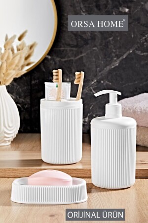 نمط MNZ-Line نمط أبيض 3 قطع حمام مجموعة صابون صحن فرشاة الأسنان حامل صابون سائل 235 - Orsa Home