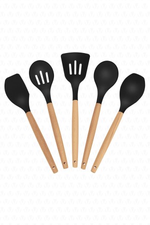MNZ-Lingo 5 قطعة أدوات المطبخ السيليكون المعدة مع معقب البامبو الأسود VS-510AS - valletta