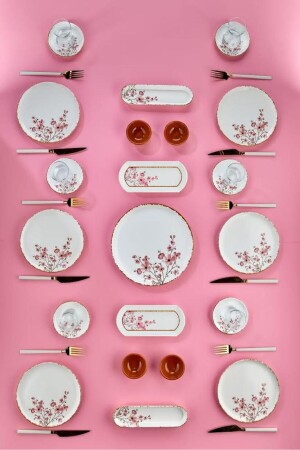 MNZ-Lux Ceramic Handmade 21 Piece Sakura Flower Breakfast Set لـ 6 أشخاص، مجموعة الإفطار - Erbaşlar