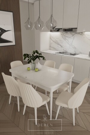 سلسلة MNZ-Mabel - 80x132 مطبخ وغرفة المعيشة طاولة تناول الطعام مجموعة 6 مقاعد كريم - Deren Home