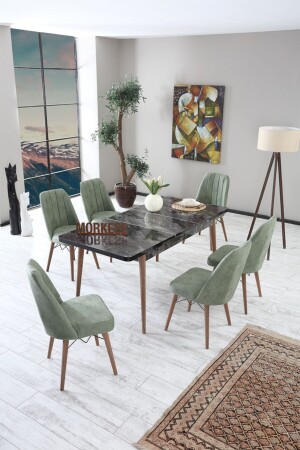 طاولة تناول الطعام الممتدة من طراز MNZ-Mad مع 6 مقاعد طاولة المطبخ طاولة طاولة مقعد خاكي الأخضر - Morkese