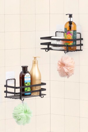 MNZ-Magic Fix 2 Pieces رف حمام مستطيل مع علامة سوداء ومكعبات ملصقة سحرية - Okyanus Home