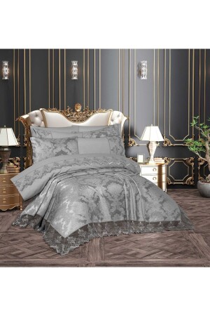 MNZ-Mahidevran 9 قطعة فرنسية اللقيفة مزدوجة 100% القطن عروسة مجموعة غطاء غطاء مجموعة الرمادي ÇBMHG - Çeyiz Bahçesi