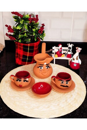 MNZ-Mandmade Emoji Clay Coffee Cup Set + Emoji Coffee Pot مع إيموجيليس وعلبة قهوة - HerşeyTopraktan