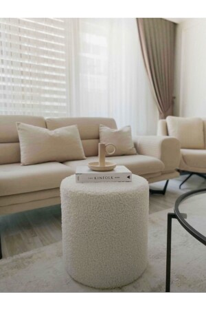 MNZ-Manual Made Off-White Tedy Fabric Cylinder Decorative Pouf Bench (من صنع يدك خارج الأبيض المملء) ، والتي تتميز بالأنسجة - Webpanya