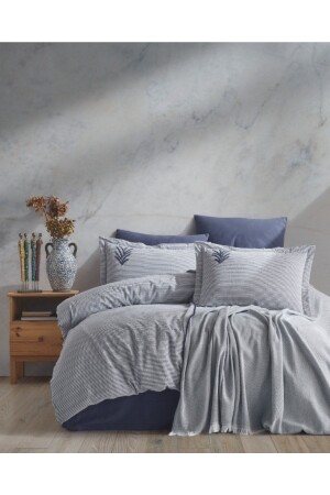 MNZ-Maribell 100% القطن مزدوجة الوساطة غطاء غطاء البطاطس مجموعة الأزرق (7 قطع) İ-8050 - İyi Geceler İstanbul