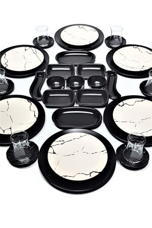 MNZ-Matte Black Matte Cream Marble Pattern 35 قطعة إعداد الإفطار لـ 6 أشخاص - GULHANILE