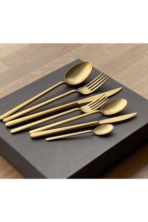 MNZ-Matte Gold Titanium 18 Piece Fork Spoon Set للستة أشخاص مجموعة حلوى d100 - Demir Çeyiz