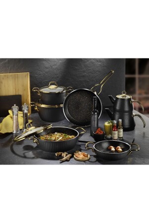 MNZ-Maya 11 قطعة غرانيت نمط المطبخ مجموعة الذهبية المقبض الأسود maya11pcs - Lines