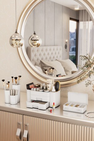 MNZ-Mercan مربع الماكياج متعددة الأغراض و مجوهرات منظمة مجموعة منظمة مجموعة 3 قطع أبيض - Pufwin Home