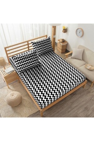 MNZ-Mer-tim مزدوجة الجومبو حجم 200x200 مجموعة ورقة معتادة - أسود وأبيض زيغزاك نمط MERTM000610 - mer-tim ezberbozan ev tekstili