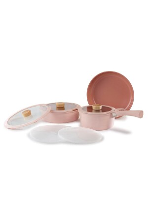 MNZ-Midas Pink 9 Piece Nesting Pot و Pan Set مع مسدس قابل للانسحاب D-NEOMDS9I-03 - NEOFLAM
