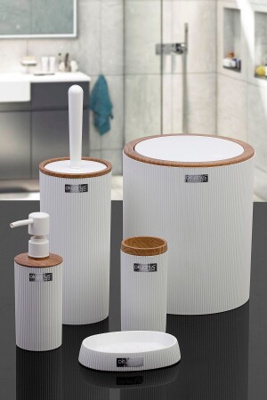 MNZ-Mina خيوط خشب بيضاء مشبك مشطرة دائرة 5 قطع مجموعة الحمام - Okyanus Home