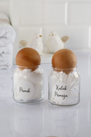 MNZ-Moron 2-piece 300 ml Glass Jar مع غطاء الكرة الخشبية منظمة الحمام مجموعة 7x13 سم 1000296 - ANJEAHOME