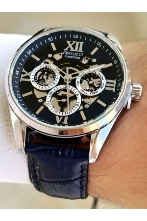 MNZ-Multifunctional Navy Blue Color 3 ATM مضاد للماء عصا الجلد ربطة الذكور ساعة معصم FRC714 - Ferrucci