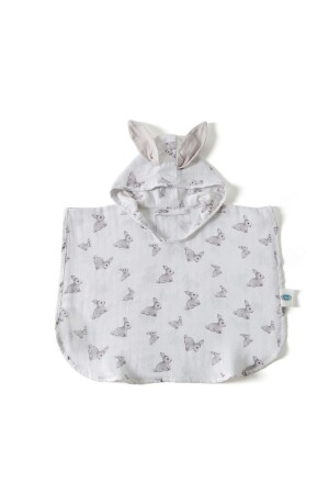 MNZ-Muslin Children's Poncho Age 2 اللبن المميز - نمط الأرنب الرمادي CAPE1001 - Deux Lapins