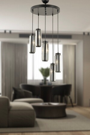 MNZ-Natali 5 قطعة مستديرة سوداء عصرية بلورية، حجر تصميم عصري بلورية غرفة المعيشة مصباح معلق شمعة 7000-9040-5Y-BL - Apliqa