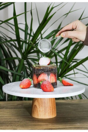 MNZ-Natural Marble Cake Stand، كعكة مع ساقي خشبية، كوب عرض من الرخام، لوحة من الجبن الرخام 28 سم - Gemboss