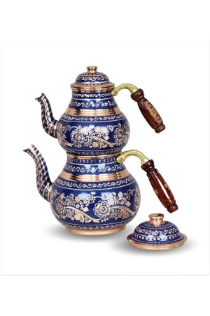 MNZ-Navy Blue Ceramic Paint مغطاة بالزهور الوردية النحاسية 1477 - Sonay Bakırcılık
