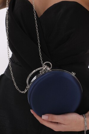 MNZ-Navy Blue Color Satin Fabric Stoned Bracelet Ring Dress Evening Portfolio Clutch Bag (المتوسط 15 سم) - Womenacs
