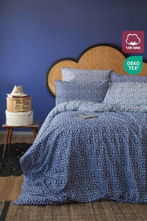 MNZ-Navy Blue King حجم 100% القطن الطبقة الهندسية سلسلة نمط غطاء غطاء غطاء بدون أوراق - Leruum London