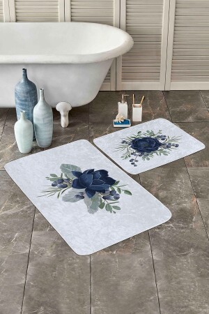 طراز MNZ-Navy Blue Rose المصممة على الطراز الرقمي المطبوع على طراز 2 قطع غير المنزلق على أساس حمام ومطبخ المطبخ Set PaspasTakimi-2- - Realhomes