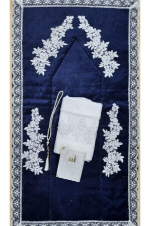 MNZ-Navy Blue Velvet صلاة السجادة مجموعة 4 قطع حبة صلاة حبة العروسة جوز حزمة صلاة السجادة مجموعة - Lamazihome