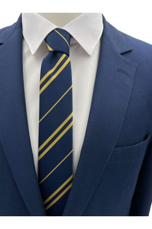 MNZ-Navy Blue Yellow Stripped Slim Tie HRY-3 - Brianze