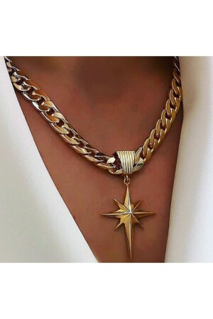 MNZ-North Star Rhodium Plated Thick Chain Gold Color Collar Necklace - Elmas Dizayn