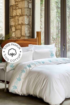MNZ-Ocean Turquoise 100% قطن مطرز غطاء غطاء مزدوج مجموعة 200. 18. 01. 0187 - Karaca Home