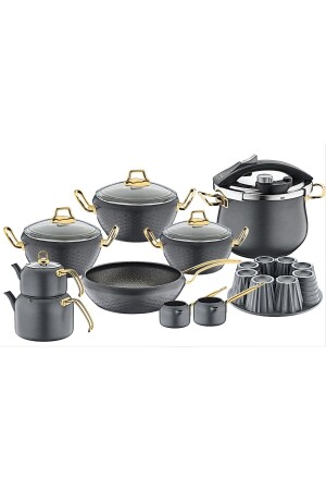 MNZ-Oms 3519 غرانيت 16 قطعة طباخات الدورية مجموعة - انتراكيت 3519-ANT - OMS PASLANMAZ