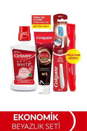 MNZ-Optic كافي شاي أبيض مستخدمي مصحبات الأسنان 125 مل - فرشاة الأسنان المتوسطة - ماء الرعاية الفموية 250 مل - Colgate