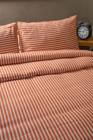 MNZ-Orange Stripped Linen Double Duvet Cover and Pillow Set 200x220 سم KTNNVRS - vivamaison