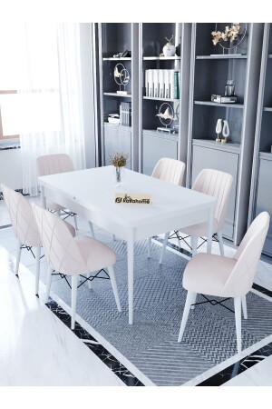 MNZ-Ovo Aytaşı 80x130 سم طاولة تناول الطعام الممتدة - مجموعة مقعد طاولة 6 أشخاص - كريم - Kaffahome