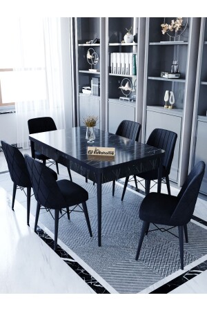 MNZ-Ovo Lotus 80x130 سم طاولة تناول الطعام الممتدة - مجموعة مقعد طاولة 6 أشخاص - سوداء - Kaffahome