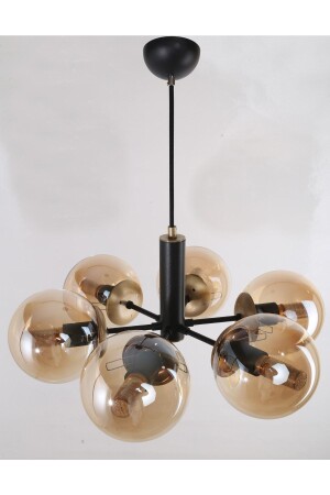 MNZ-Papatya 6-piece Black Antique Coated Honey Glass Chandelier 20220230002 - MŞ Aydınlatma