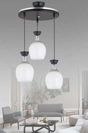 سلة مصباح MNZ-Pendant 3-piece Black Venezia Bell Jar مع زجاج أبيض وشريط كروم عصري للأسفل المواجهة للشراعية 03301071 - Genel Markalar
