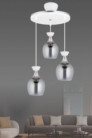 صناديق مصباح MNZ-Pendant 3-piece White Bell Jar مع زجاج مدخن و شريط كروم شمعة حديثة AK00062 - Kraliçe