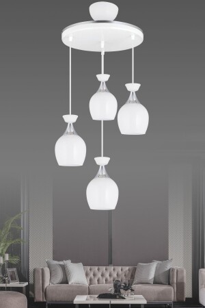 شريط مصباح MNZ-Pendant 4 قطع جرة زجاجة بيضاء مع زجاج أبيض وشريط كروم شمعة حديثة AK00061 - Kraliçe