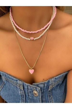 MNZ-Pink Enameled Heart Pearl Detail ثلاثي مجموعة عنق / امرأة عقدة عنق متعددة مجموعة - Lucky Designs
