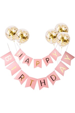 MNZ-Pink Gold Gilded Happy Birthday Banner مع نص عيد ميلاد و 5 بالونات شفافة من الذهب - Huzur Party Store