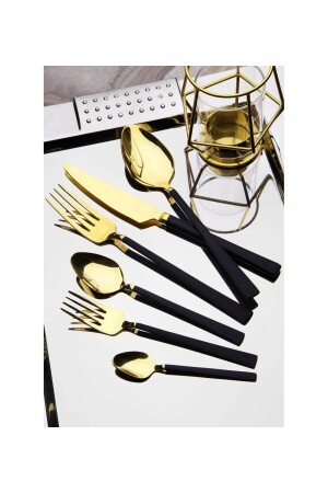 MNZ-Pırlanta Gold Black Fork Spoon Knife Set 18 قطعة لـ 6 أشخاص (مجموعة الطعام) pgs - Demir Çeyiz
