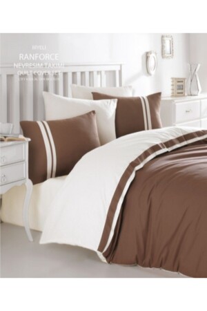 MNZ-Plain Piping King Size Duvet Cover Set كريم - بني و 100% قطن مجموعة غطاء غطاء (4 غطاءات) - Majoli Bahar Home Collection
